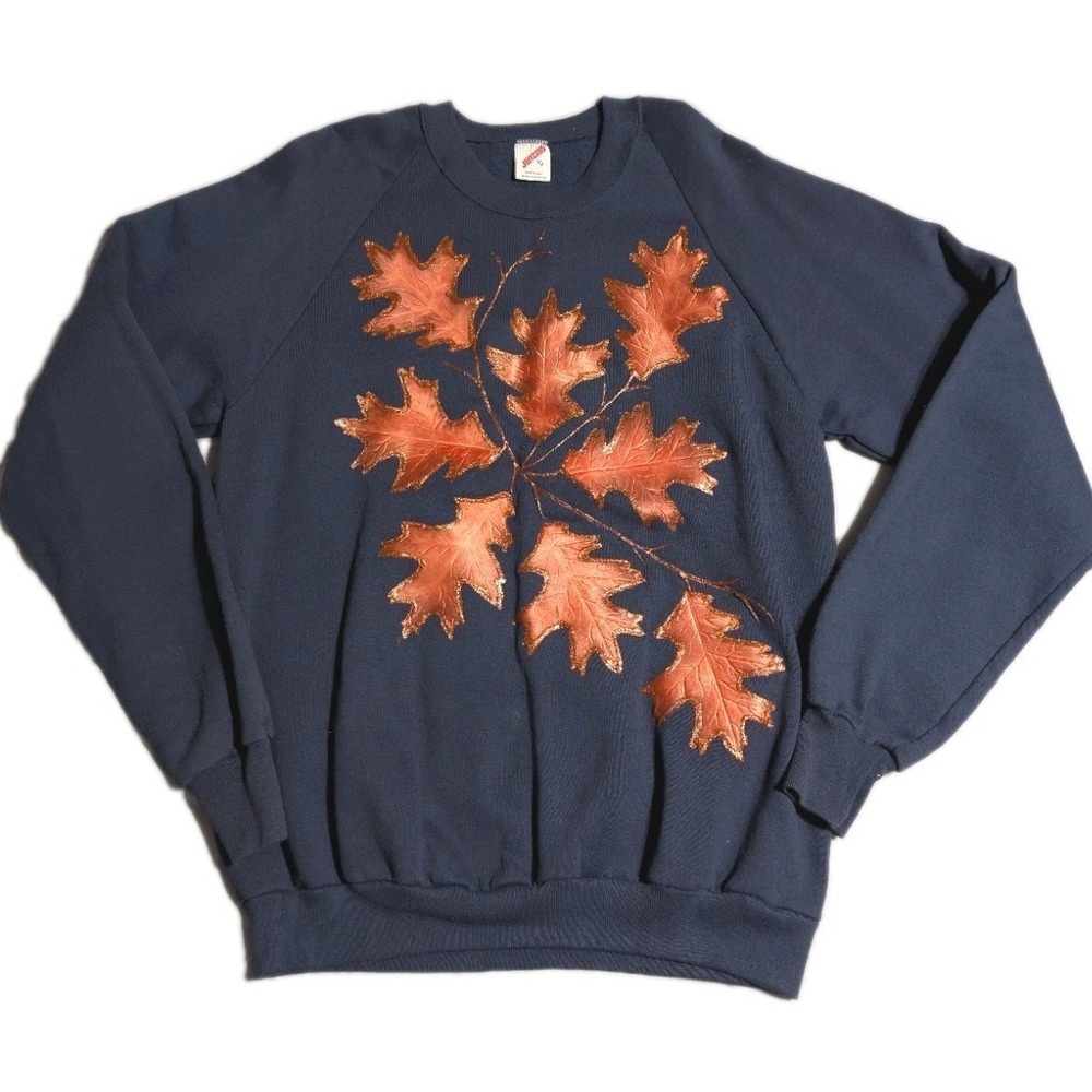 Vintage Jerzees USA Sweatshirt XL Navy Fall Leaves‎ Applique Autumn Crewneck